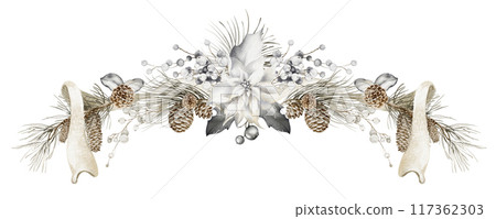 Watercolor Christmas Garland. Vintage ribbon decorated with ghostberry, pine cones, branches, pine buds and holly leaves. Symmetrical border for New Year cards design. Watercolor Christmas Garland. Vintage ribbon decorated with ghostberry, pine cones, branches, pine buds and holly leaves. Symmetrical border for New Year cards design. 117362303