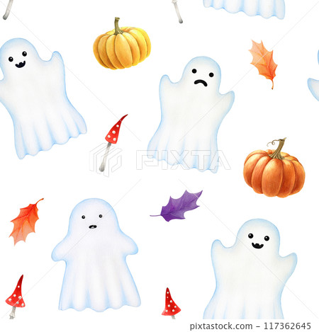 Halloween ghost decor seamless pattern. Hand drawn illustration. Spooky ghosts, pumpkins, leaf and mushroom on white background. For Halloween decoration gift packaging, printing, wrapping paper Halloween ghost decor seamless pattern. Hand drawn illustration. Spooky ghosts, pumpkins, leaf and mushroom on white background. For Halloween decoration gift packaging, printing, wrapping paper 117362645