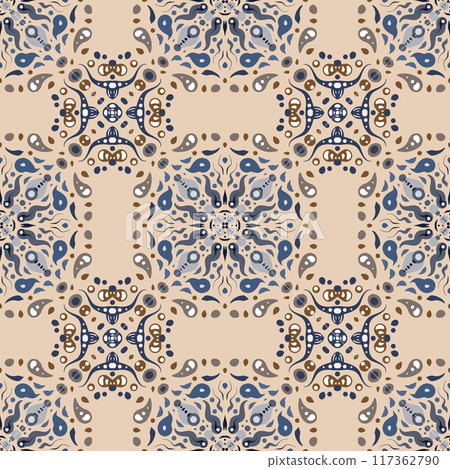 Symmetrical Mosaic Seamless Pattern Modern. Watercolor geometric eastern background. A mix of mirrored abstract designs in a kaleidoscope style. Raster arrangement of bright elementsin mosaic style. 117362790