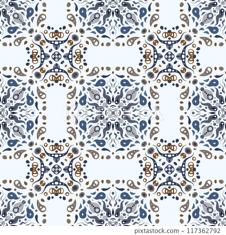 Symmetrical Mosaic Seamless Pattern Modern. Watercolor geometric eastern background. A mix of mirrored abstract designs in a kaleidoscope style. Raster arrangement of bright elementsin mosaic style. 117362792
