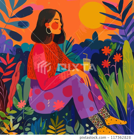 Stylish female sitting plants surroundings cartoon vector concept. Woman character glass cocktail drink jungle flora leaves tropical fashion floral vibrant illustration 117362828