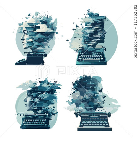 Innovative author typewriter cartoon vector ideas. Head woman cloud individual intellectual portrait storyteller creator reporter novel literature persona, isolated illustrations 117362882