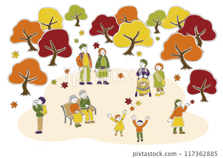 A set of casual illustrations of people of all ages enjoying autumn leaves 117362885