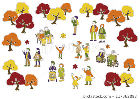 多代人享受秋葉的鬆散插圖(組) 多代人享受秋葉的鬆散插圖(組) 117362888