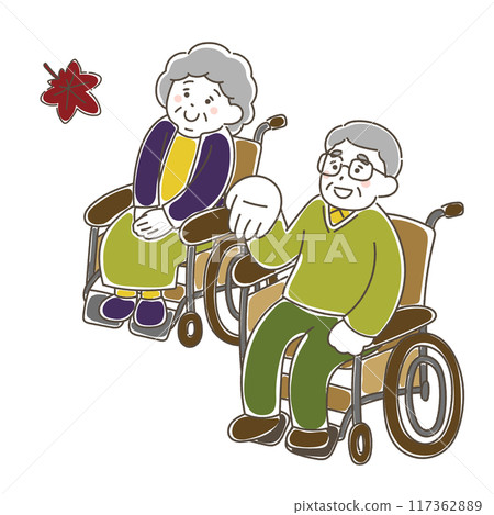 A relaxed illustration of a senior man and woman in wheelchairs enjoying the autumn leaves A relaxed illustration of a senior man and woman in wheelchairs enjoying the autumn leaves 117362889