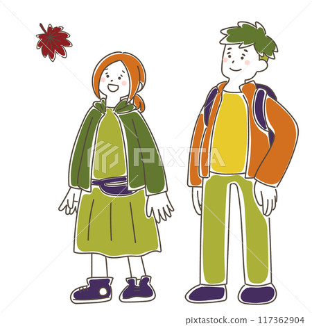 A relaxed illustration of a couple looking up at autumn leaves A relaxed illustration of a couple looking up at autumn leaves 117362904