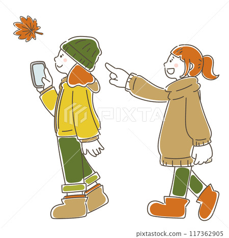 A relaxed illustration of a woman pointing at autumn leaves and another woman taking a photo with her smartphone A relaxed illustration of a woman pointing at autumn leaves and another woman taking a photo with her smartphone 117362905