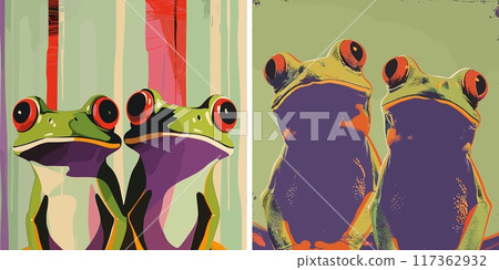 Exotic frogs cartoon vector collection. Perched stalks crimson eyes verdant complexion freshwater toads vivid hues rainforest residents vibrant posters. 117362932