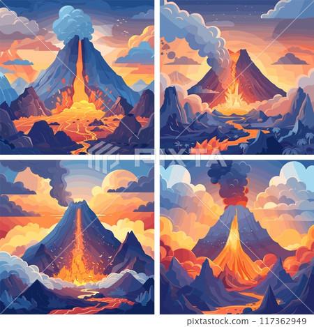 Dusk volcanic explosion cartoon vector scenes. Molten mountain boulder craggy eruptions magma mist emissions summit stream clouds scenery natural geology blast surroundings artworks 117362949