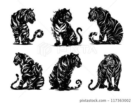 Black tiger ink drawing vector set wild large panther feline stripes fur tail ruler claws creature hunter strong intense stance sketch ornamental artwork isolated on white background Black tiger ink drawing vector set wild large panther feline stripes fur tail ruler claws creature hunter strong intense stance sketch ornamental artwork isolated on white background 117363002