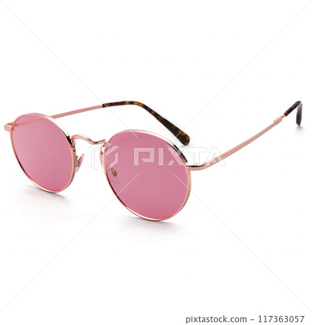 Round glasses with rose gold metal frames and pink tinted lenses emanating a soft and Round glasses with rose gold metal frames and pink tinted lenses emanating a soft and 117363057