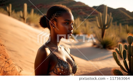 Desert dusk setting with an African American model in earth toned lingerie warm lighting serene 117363064