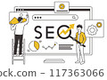 Illustration of a male business person pointing to graphs and videos that can be used for SEO, access analysis, and increasing sales 117363066