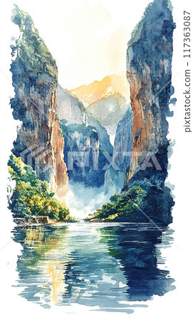 Watercolor Illustration of Sumidero Canyon in Chiapas 117363087