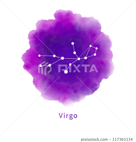 Constellation Virgo on a bright purple watercolor stain isolated on a white background. Zodiac sign, horoscope symbol on handmade watercolor texture. Vector illustration. Constellation Virgo on a bright purple watercolor stain isolated on a white background. Zodiac sign, horoscope symbol on handmade watercolor texture. Vector illustration. 117363134