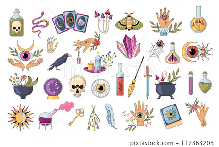 Witchcraft. Fortune telling divination mysticism occultism and alchemy concept pictures collection recent vector template 117363203