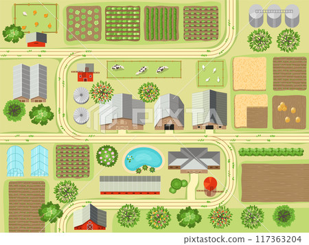Village top view. Rural landscape background farm buildings and gardens recent vector map template 117363204