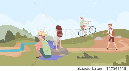 outdoor relax. people spend time in different activities hiking biking sitting in woods outdoor relax. people spend time in different activities hiking biking sitting in woods 117363236