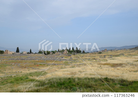 Antique ruins and limestone blocks in Hierapolis, Turkey. Ancient city. 117363246