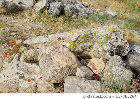 Fragments of ancient buildings, ruins of the ancient city of Hierapolis. Stone blocks with traces of stone machining. Fragments of ancient buildings, ruins of the ancient city of Hierapolis. Stone blocks with traces of stone machining. 117363264