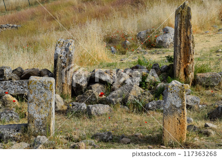 Antique ruins and limestone blocks in Hierapolis, Turkey. Ancient city. Antique ruins and limestone blocks in Hierapolis, Turkey. Ancient city. 117363268
