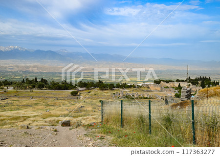 Antique ruins and limestone blocks in Hierapolis, Turkey. Ancient city. 117363277