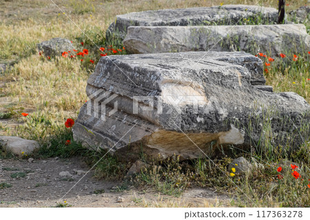 Fragments of ancient buildings, ruins of the ancient city of Hierapolis. Stone blocks with traces of stone machining. 117363278