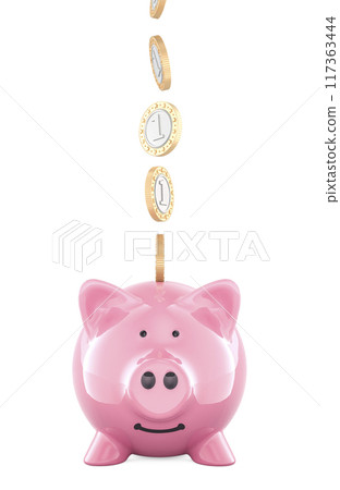 Coins falling into a piggy bank. Money saving, concept. 3D rendering 117363444
