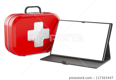 First aid kit and tablet computer with blank screen, 3D rendering First aid kit and tablet computer with blank screen, 3D rendering 117363447