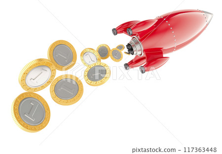 Flying rocket ship with golden coins falling out. 3D rendering Flying rocket ship with golden coins falling out. 3D rendering 117363448