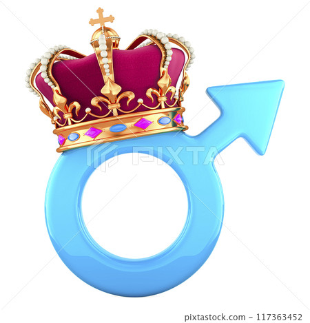 Male gender symbol with golden crown. 3D rendering 117363452