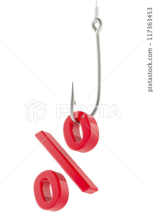 Percent sign on the fishing hook, 3D rendering 117363453