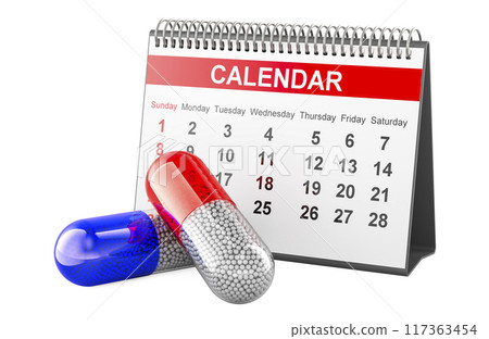 Pills with desk calendar, 3D rendering 117363454