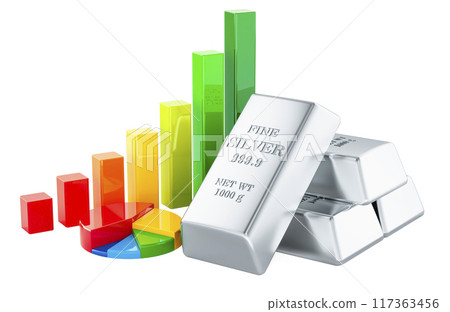 Silver ingots with growth bar graph and pie chart, 3D rendering 117363456