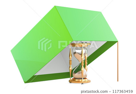 Trap with hourglass inside, 3D rendering Trap with hourglass inside, 3D rendering 117363459