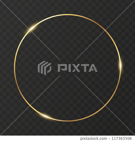 Shiny minimalistic golden frame on dark transparent background. Luxury golden round border for invitation cards of wedding. Vector illustration Shiny minimalistic golden frame on dark transparent background. Luxury golden round border for invitation cards of wedding. Vector illustration 117363506