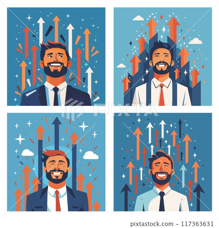 Prosperous leader rise trend cartoon vector concepts. Man beard indicators smiling businessman achievement progression success illustrations 117363631
