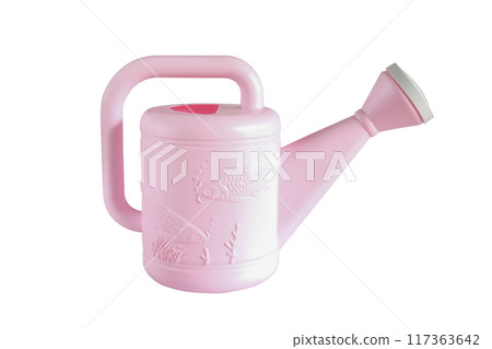 Pink plastic watering cans on white background. 117363642