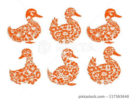 Patterned duck silhouettes ink drawing vector set. Bird flat beak waterfowl feathers goose mandarin flowers nature ornamental fauna isolated on white background 117363648