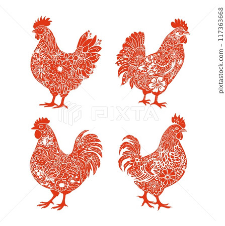 Ornate floral rooster silhouettes color ink vector collection. Birds feather farm chicken beak spurs tail flower leaf stem botany pattern illustrations isolated on white background Ornate floral rooster silhouettes color ink vector collection. Birds feather farm chicken beak spurs tail flower leaf stem botany pattern illustrations isolated on white background 117363668