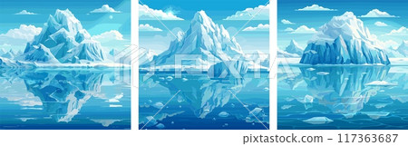 Ocean iceberg cartoon vector scenes. Snow sea clouds sky ice blue crystal azure arctic water mirror nature frozen landscape glacier winter frigid cold artworks 117363687