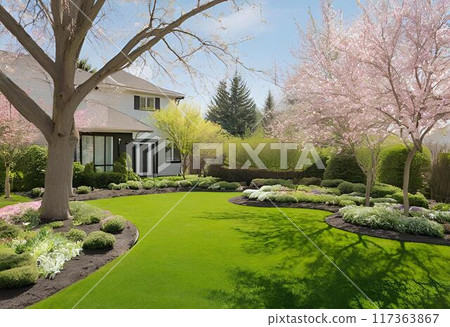 Lush serene front yard garden with grass.AI Generated 117363867