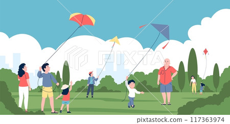 Family play with flying kite. Resting in city park, children and parents fly kites. Outdoor summer spring activity, recreation recent vector scene 117363974