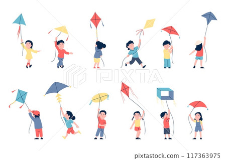 Children with flying kites. Kid play with paper kite, kiteflying. Boy girl outdoor seasonal activity with toys. Flat playing recent vector characters 117363975