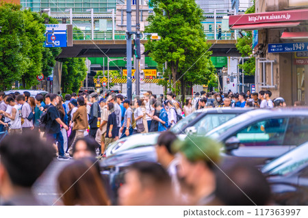 日本東京都市風景 入境旅遊復興…秋葉原擠滿了外國遊客。秋葉原站和後面的列車=22日 117363997
