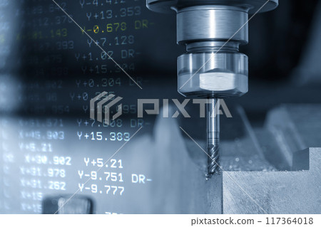 Abstract scene the CNC milling machine cutting  mold part and G-code data back ground. 117364018