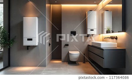 Modern tanked boiler in bathroom. Household smart water heater hanging on the wall in boiler room. Common electric storage tank water heater. Energy-efficient home heating system on gray tiles Modern tanked boiler in bathroom. Household smart water heater hanging on the wall in boiler room. Common electric storage tank water heater. Energy-efficient home heating system on gray tiles 117364086