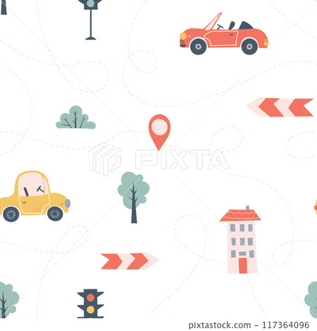 Kids seamless pattern with car, bus and road. Perfect for fabric , digital paper, cards. 117364096