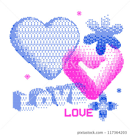 Retro futuristic love-themed pixelated stickers for Valentine's Day. Set of different bitmap or halftone elements - hearts, flowers, words love. Vector illustration. 117364203