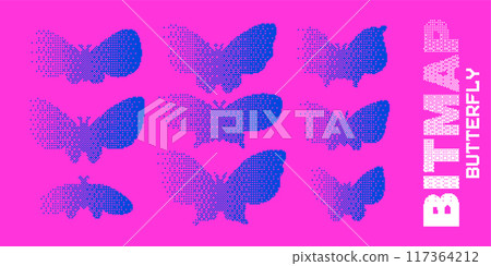 Set of 8-bit pixel-art style stickers with an flat gradient butterflies silhouettes on a pink background. Collection of fancy y2k retro bitmap elements for design. Vector illustration. 117364212